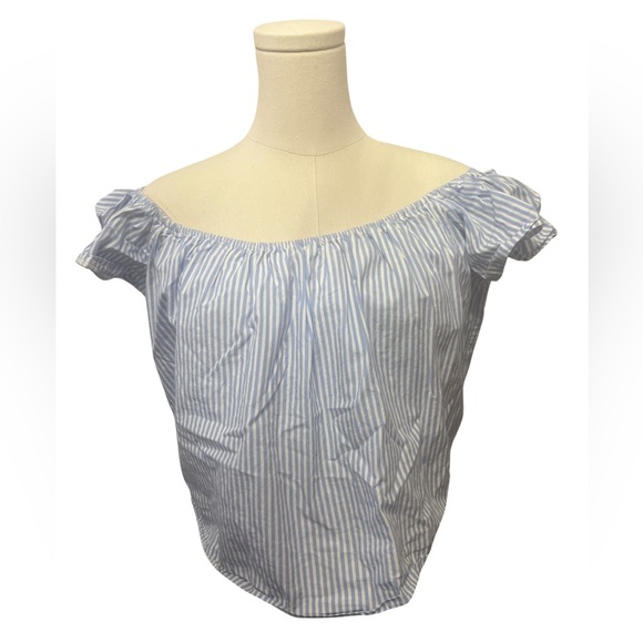 Zara Basic Light Blue/White Pinstripe Off Shoulder Crop Top Size Med - Picture 2 of 3